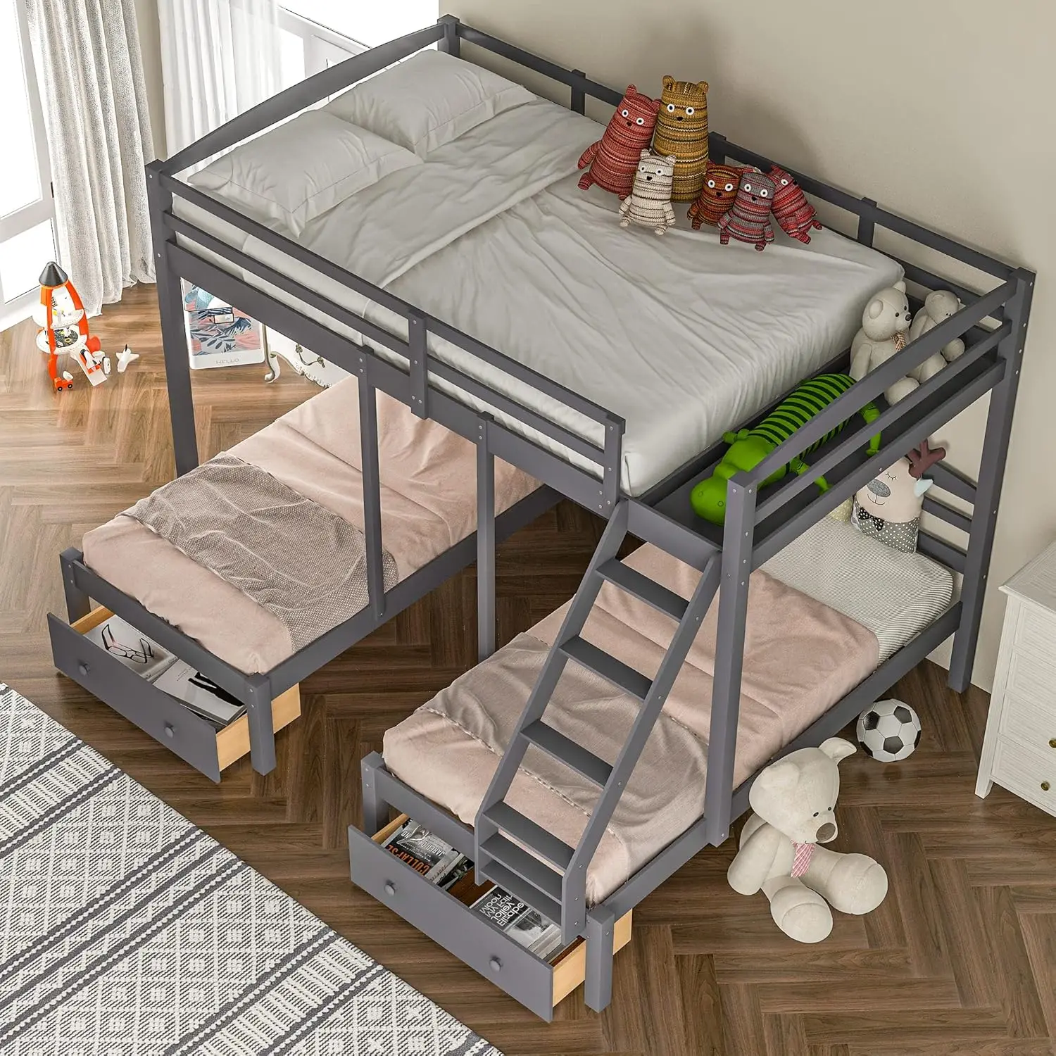 over Twin & Twin Bunk Bed,Triple Bunk Bed Frame for Boys Girls Kids Adults Toddler with Drawers, Gray