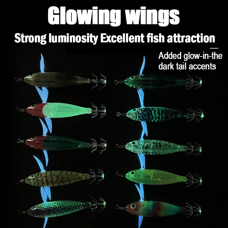 CHEGIT 1/5/10/20pcs Fishing Wood Shrimp Artificial Bait Luminous Octopus Fishing Silver Carp Hard Bait Eging Cuttlefish Bass