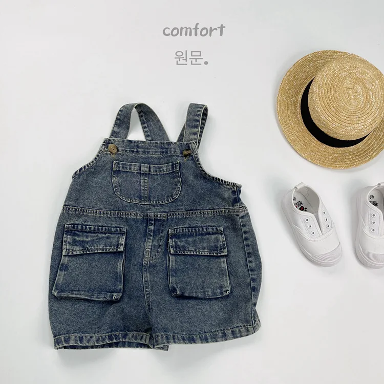 2025 Summer New Vintage Girls Overalls Kids Boys Pocket Denim Strap Pants Children Jeans Shorts Fashion Baby Clothes