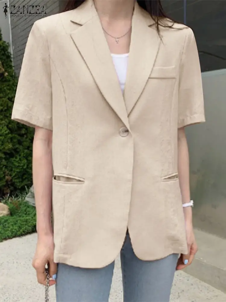 

ZANZEA Women Office Lady Suit Jackets Casual Pockets Blazer Coats Elegant Notched Collar Suits Short Sleeve 2023 Fashion Blazer