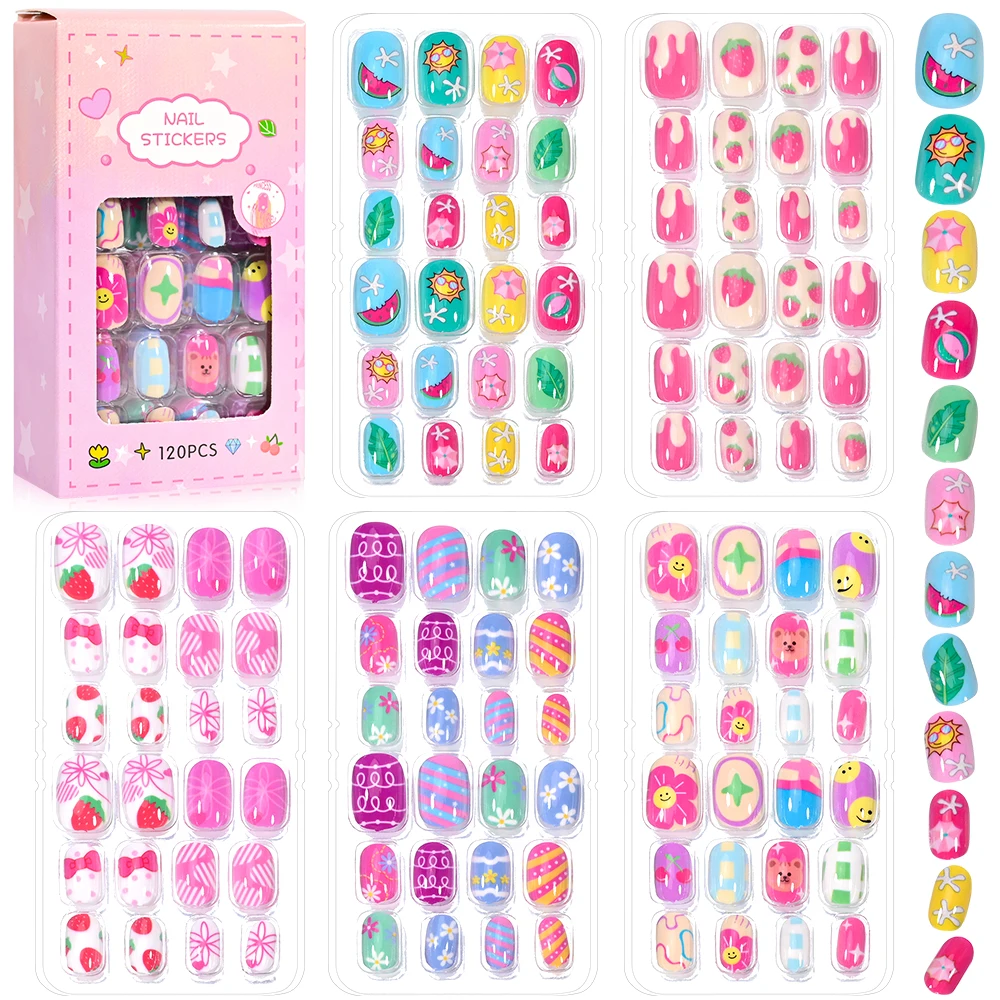 120 teile/schachtel Rosa Cartoon Kinder Drücken Auf Nägel Candy Farbe Einhorn Katze Bunny Kinder Volle Abdeckung Falsche Nagel Mädchen Party Nagel decora – Detail 10