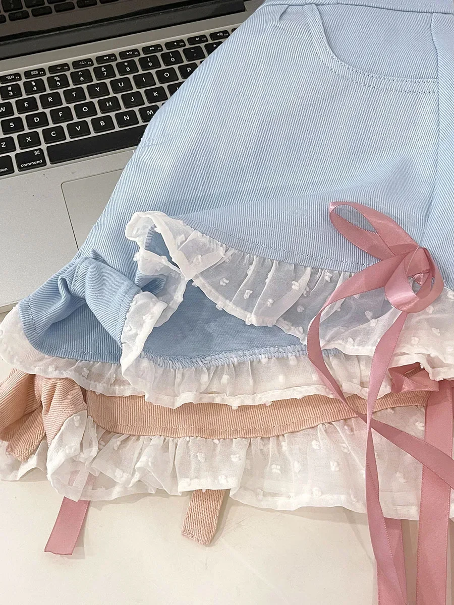 2023 New Summer Girl Sweet Bow Stitching Wmen's Casual Shorts Contrast Color A- Line High Waist Shorts Slimming Denim Shorts