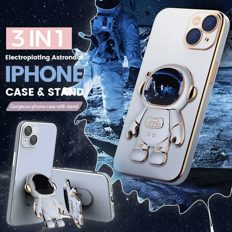 

Electroplated Astronaut Folding Stand Case For iphone 11 12 13 Pro Max X XR XS max 7 8 plus Lens Camera Protector Silicone Cover