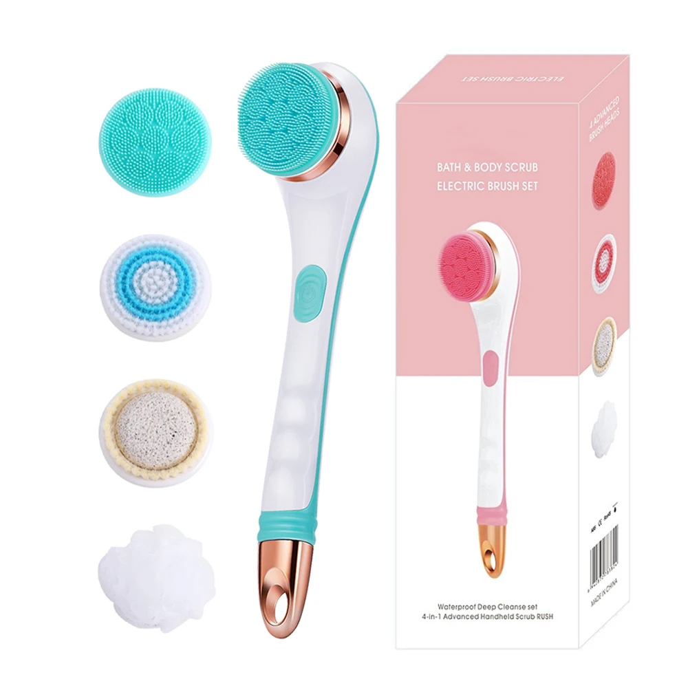 4 In Electric Bath Shower Brush Rotating Exfoliation Scrubber Shower Brush Long Handle Spa Waterproof Clean Face Body Massager