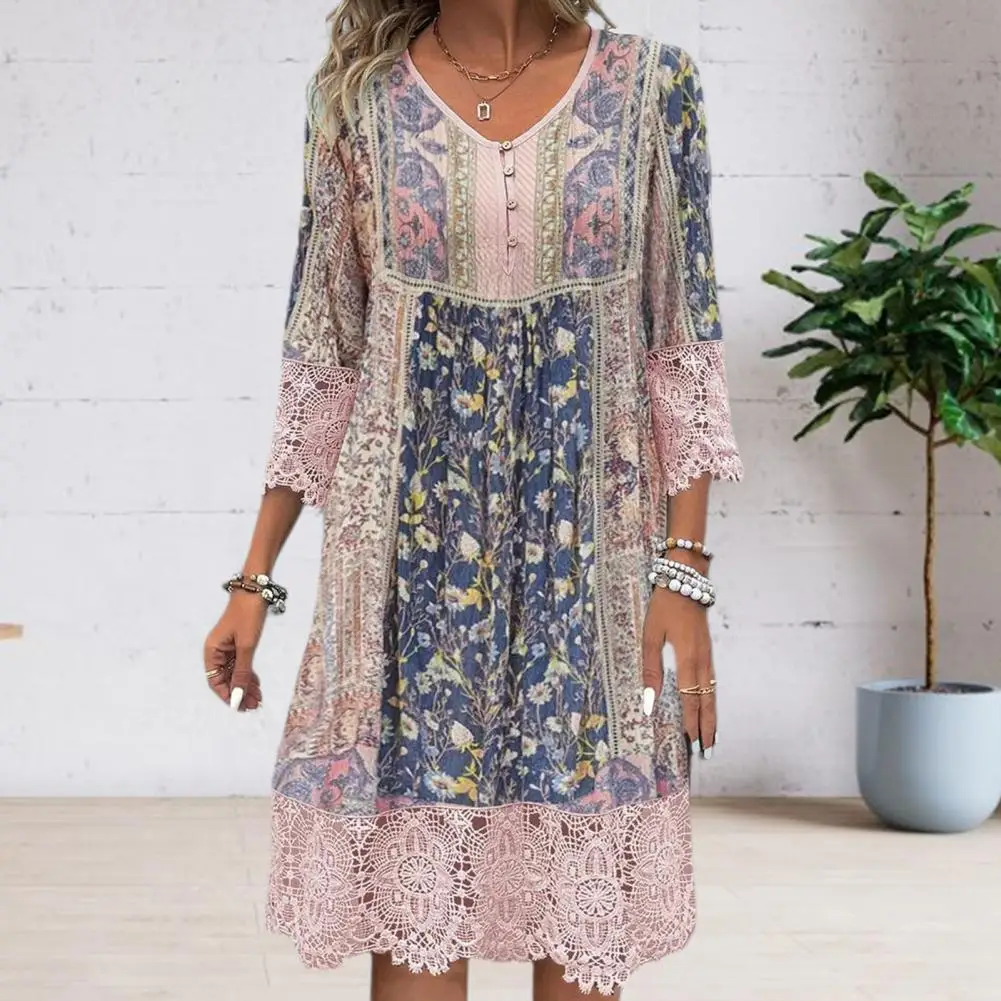 

Women Dress Hollow Out Lace Patchwork Floral Print Three Quarter Sleeves V Neck Buttons Loose Retro Bohemian Style Knee Length V