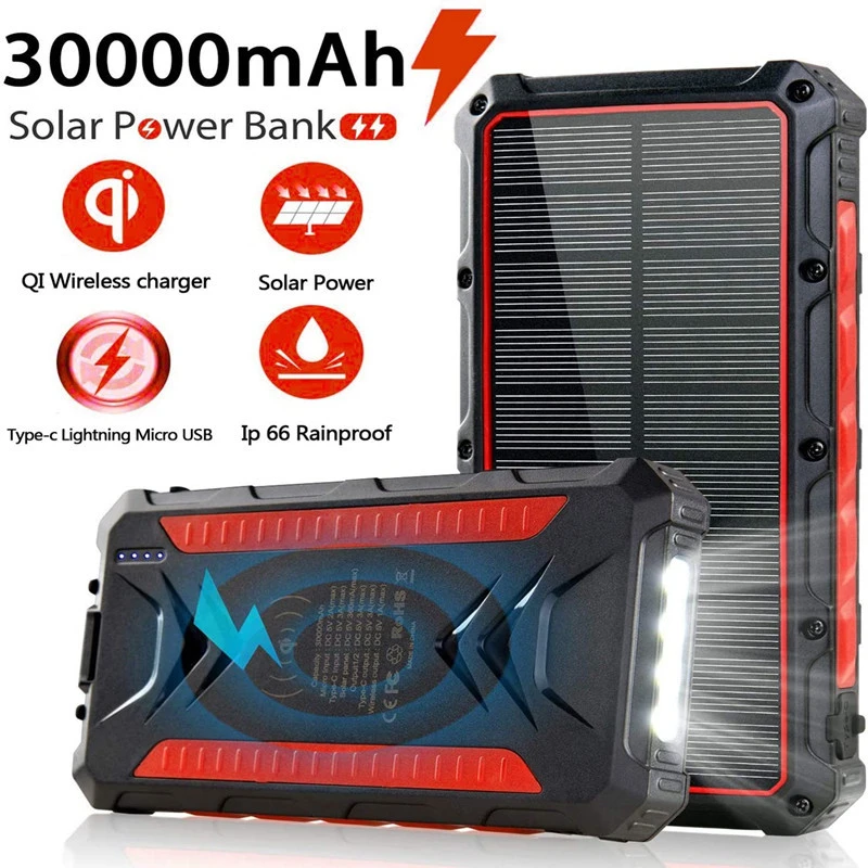 Qi Wireless Charging 30000Mah Solar Power Bank Con Light Waterproof Phone Poverbank Per Iphone 14 Samsung S22 Xiaomi Powerbank
