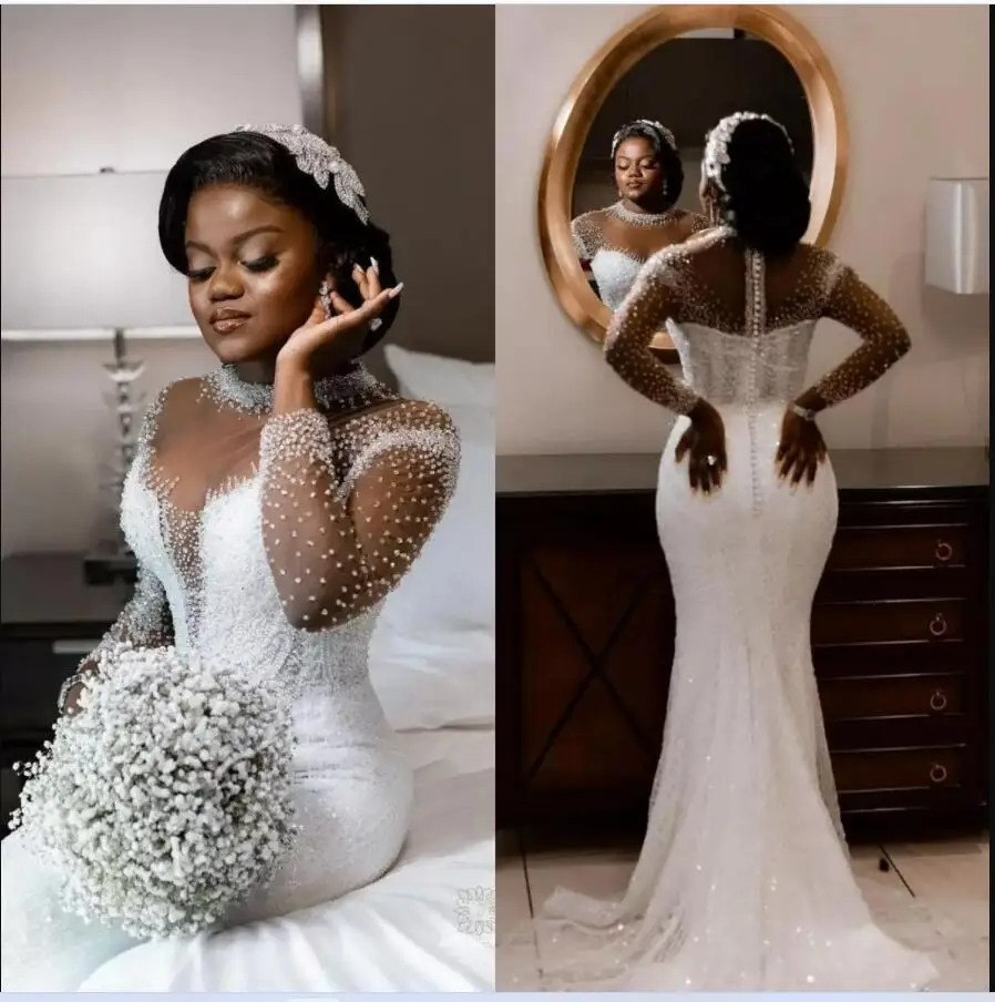

New Style Beads Sequins Mermaid Wedding Dresse Vestido De Noiva Plus Size Casamento Illsion Long Sleeves Bridal Gowns
