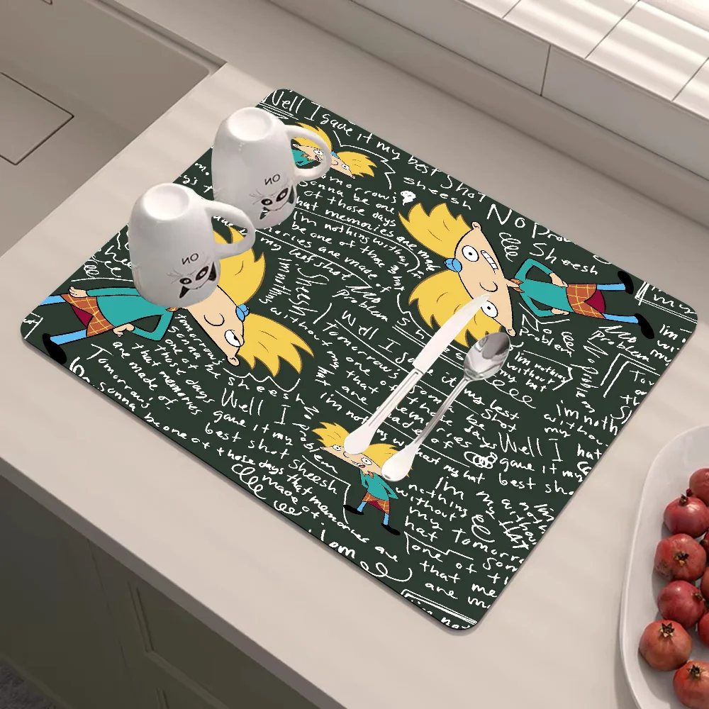 Hey Arnolds Cartoon Kitchen Drainage Mat Retro Style Dish Drying Pads Absorbent Placemats Drainer Tableware Mats Accessories 6