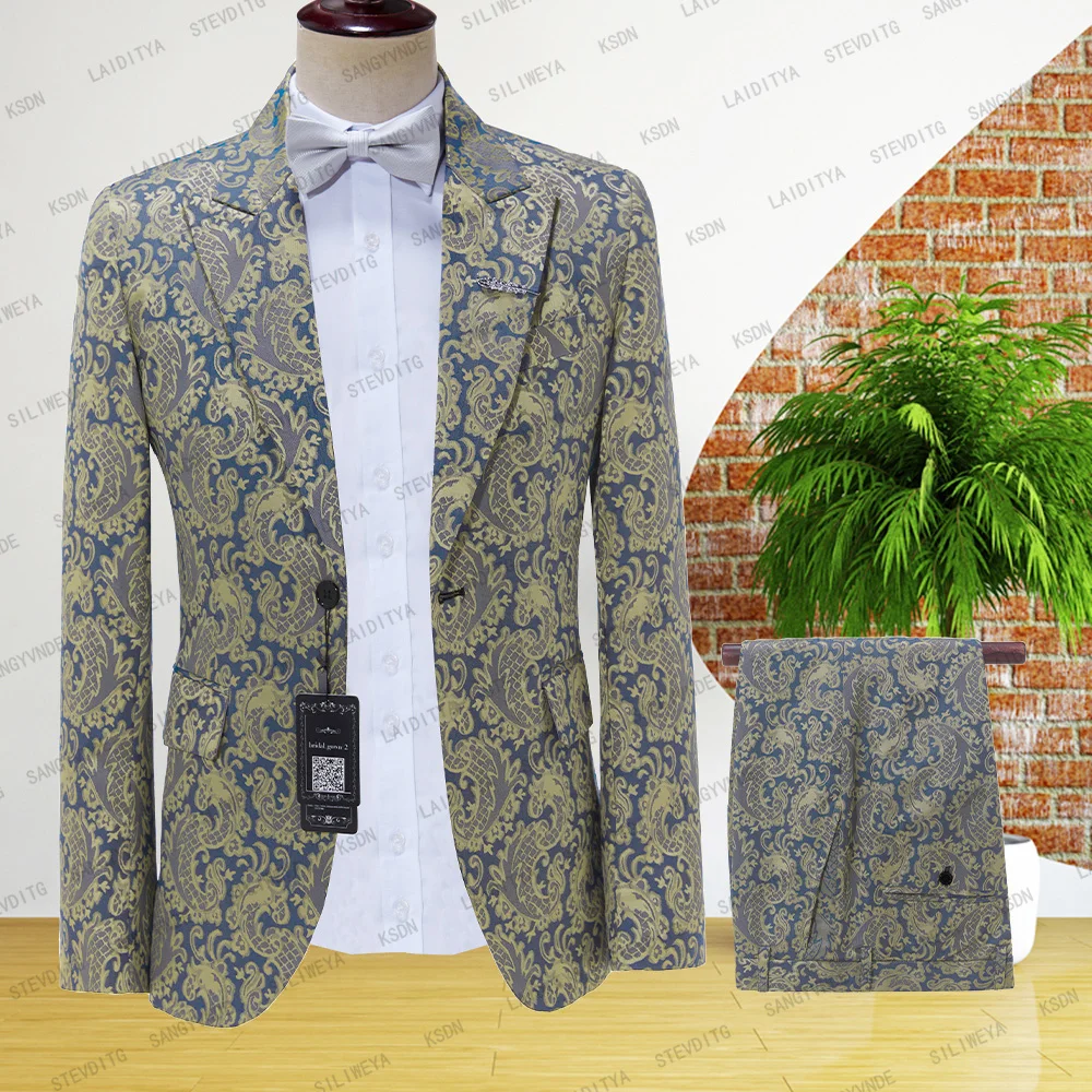 

2023 Fashion New Men's Casual Boutique Business Wedding Host Flower Color Suits 2 Pcs Set Dress Blazers Jacket Pants