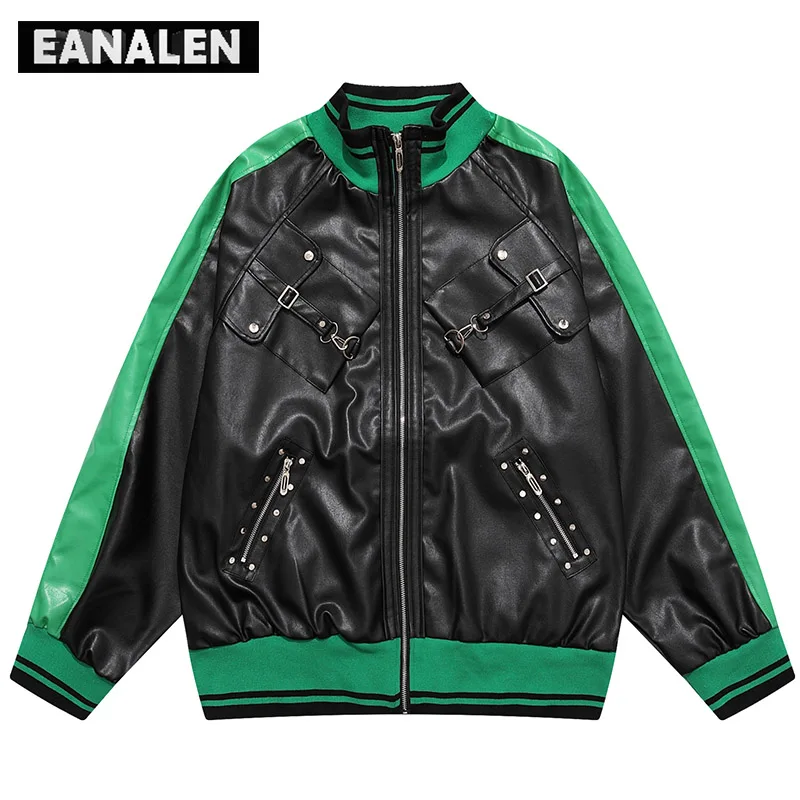 

Harajuku Retro Black Green Motorcycle Racing School Team Leather Jacket Men's Short Winter Functional Jacket Technology Clothing
