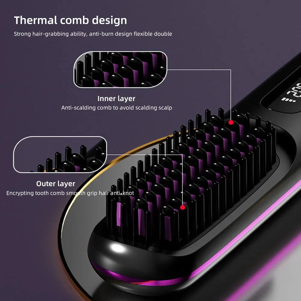 Electric LCD Usb Ceramic Heating Straight Hair Comb Wireless Portable Negative Ion Styling Tool Rechargeable Straightening Brush 4