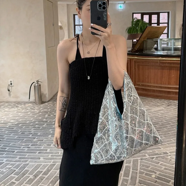 Fashionable High-End Feel Women's Handbag Large Capacity Sequins Tote Bag Soft Material Cross-Border Style Shoulder Bag