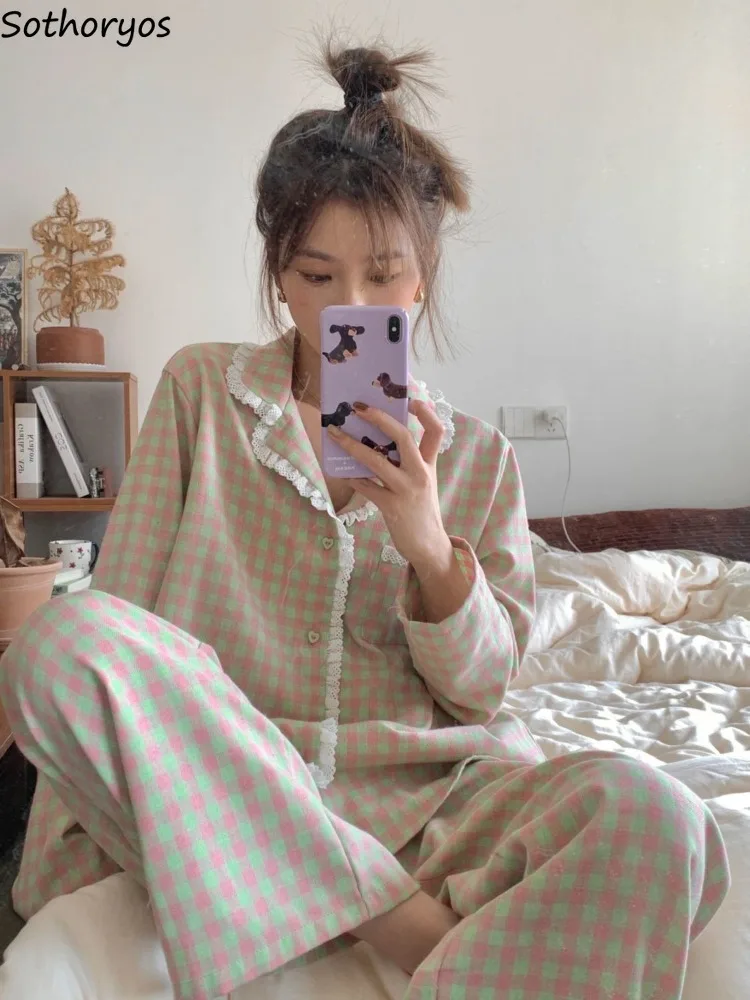 

Пижамный комплект Женский клетчатый разноцветный домашний повседневный для отдыха Универсальный студенческий Простой корейский стиль индивидуальный удобный Модный милый