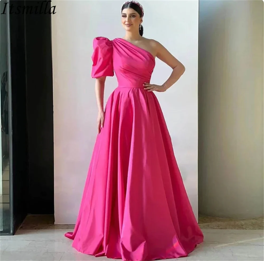 Jessica One Shoulder Puff Sleeves Prom Dresses Hot pink Side Slit Evening Dresses 2024Vestidos De Fiesta Dinner Party Dresses