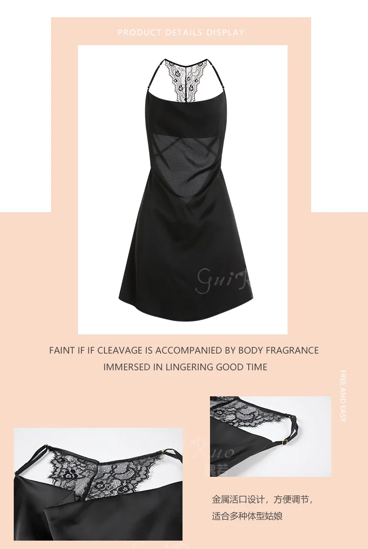 Autumn and Winter Pajamas Sexy, Deep V-neck and Backless Lace Seduction Suspender Skirt Homewear Suit