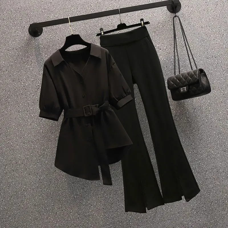 Belt Decorative Temperament Chiffon Shirt Casual Wide Leg Pants Two-piece Elegant Women Pants Suit Manager Office Outfits