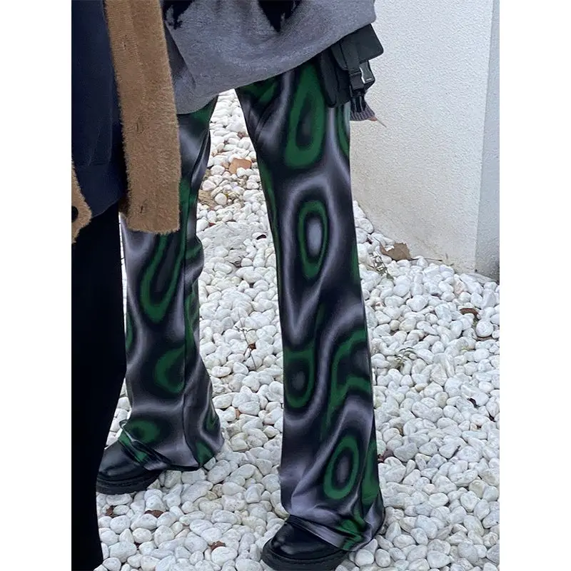 

Niche design sense y2k psychedelic gray green printed pants women's all-match casual same series high waist slim Women's pants