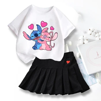 New Lilo Stitch Girls T-shirts Skirt Set Kawaii Disney Cartoon Graphic T-shirt Kid Casual Short Sleeves Tops Summer Girl Clothes