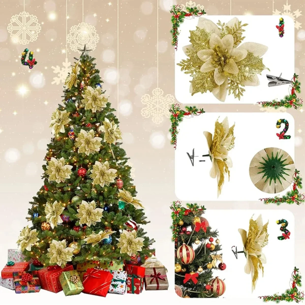 Christmas Decorations 10/1pcs 15cm Glitter Christmas Flowers Artificial Poinsettia Flower Head Xmas Tree Ornament