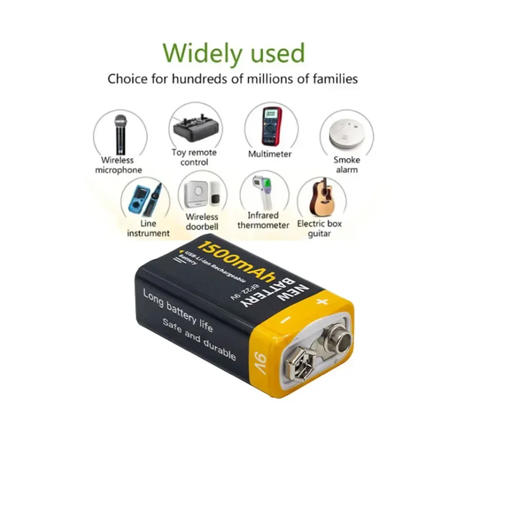 9V battery 6F22 Type-C USB 1500mAh lithium-ion rechargeable battery, for remote control helicopter toy multimeter microphone