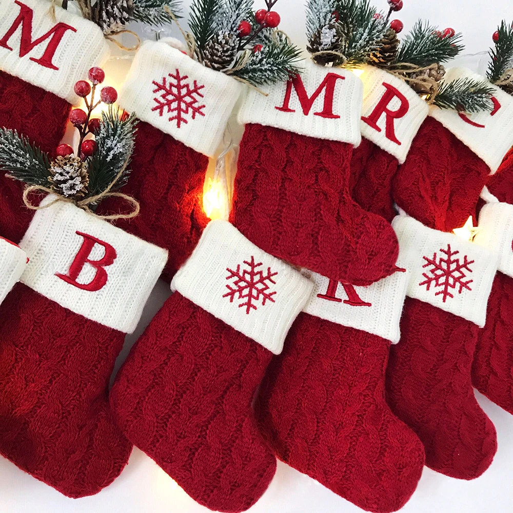 Name Letter Christmas Socks Red Snowflake DIY Alphabet Knitting Stocking Christmas Tree Pendant Decorations For Home Xmas Gifts