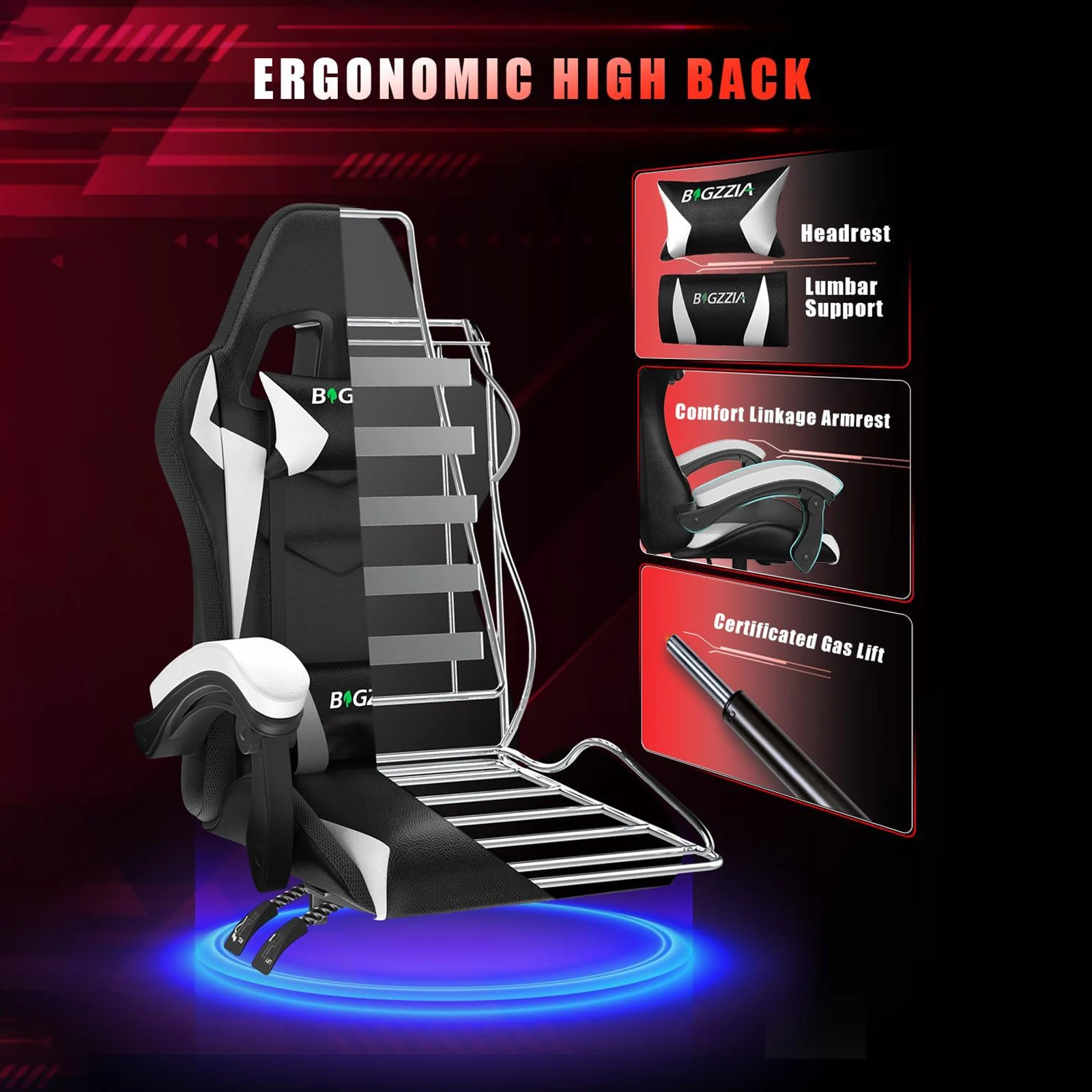 RGB Gaming Chair LED Lights Ergonomic Computer Chair Reclining PU Leather High Back Video Game Chair Adjustable Lumbar Support 5
