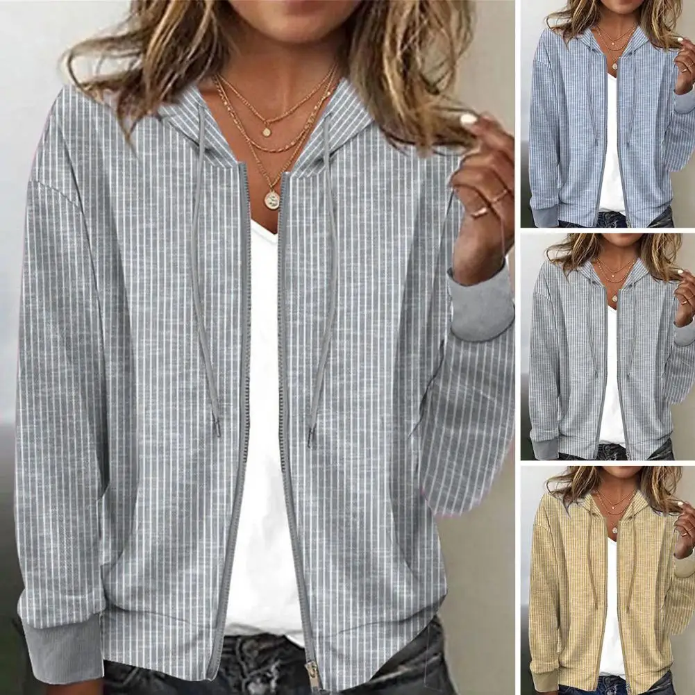 

Spring Autumn Hooded Jackets for women Striped Printed Long Sleeve Zip Up Pockets Elastic Cuff Coats chaquetas para mujeres