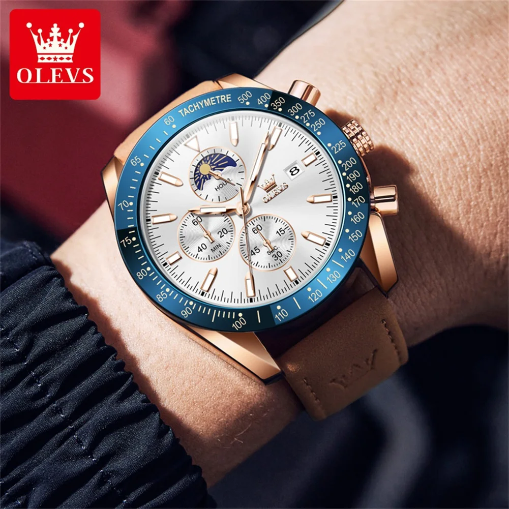 OLEVS Brand Fashion Moon Phases Chronograph Quartz Watch for Men Leather Waterproof Luminous Date Mens Watches Relogio Masculino