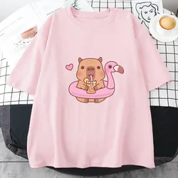 Women's Summer Capybara Bubble Tea Anime Print O - neck Cotton T - shirt - S (Pink)