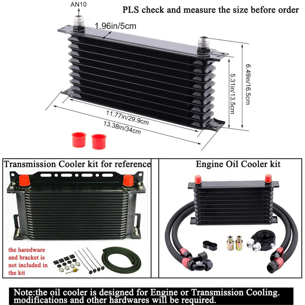 Car Universal 10 Rows AN10 Oil Cooler + Oil Filter Sandwich Adapter + Stainless Steel Braided AN10 Hose for Cooling System Parts oil cooler kit