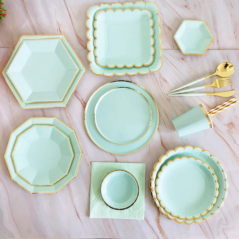 Light Green Gold Disposable Tableware Set Plates Straws Cups Napkins for Wedding Birthday Party Baby Shower Party Decorations