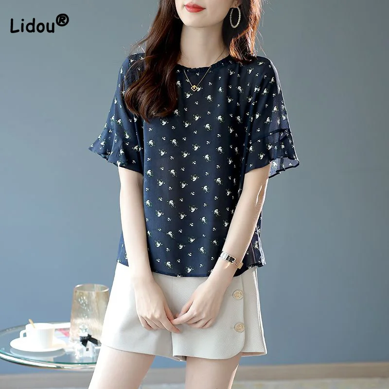 

Simplicity Floral Printing Short Sleeve T-Shirt Summer Clothes Women's Crew Neck Folds Patchwork Ruffles Loose Chiffon Tops