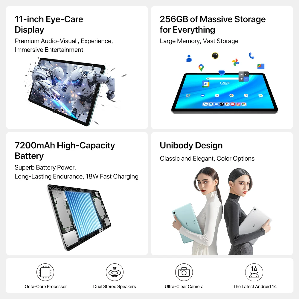 UMlDlGl G9 Tab Android 14 T606 8-Core 4GB 256GB 11" HD IPS 13MP 7200mAh Mega Battery 18W Charging SlM card Android Tablet 2