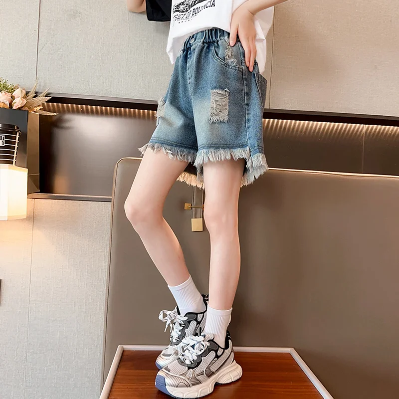 핫세일 키즈 한국 스타일 데미지 데님 반바지, 태슬 장식, 십대 소녀용, 신축성 허리밴드, 스트레이트 레그 미니 청바지, 어린이 여름 반바지