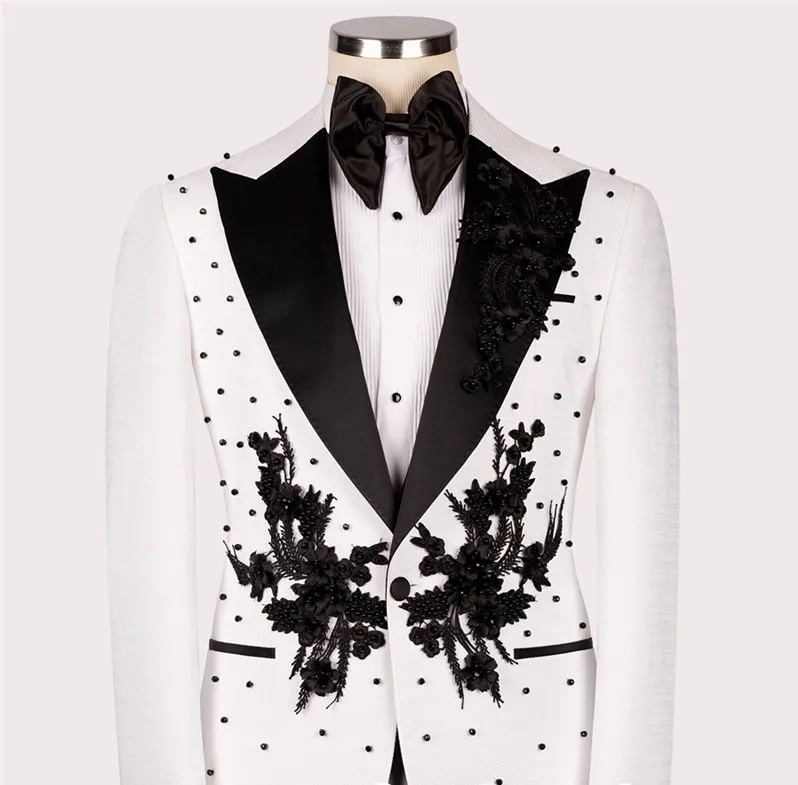 Men's Suits Tailored 3 Pieces Blazer Vest Pants One Button Peaked Lapel Appliques Beads Work Wear Plus Size Tuxedo Custom Made