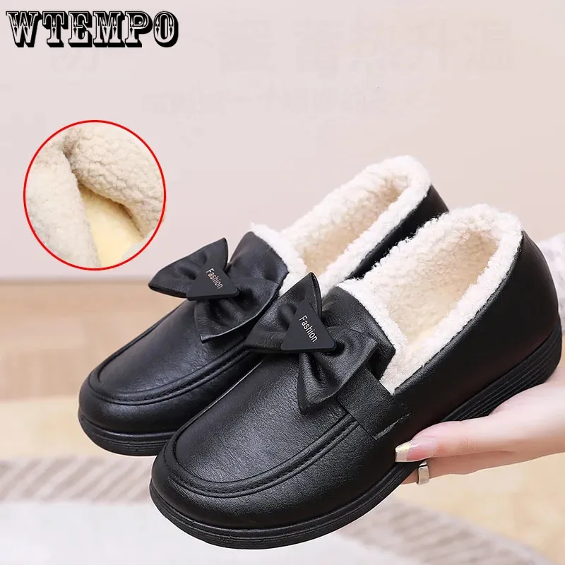 

Black PU Soft Leather Loafer Plush Warm Women's Flat Bottomed Cotton Shoes Simple Casual Commuting Korean Fashion Autumn Winter
