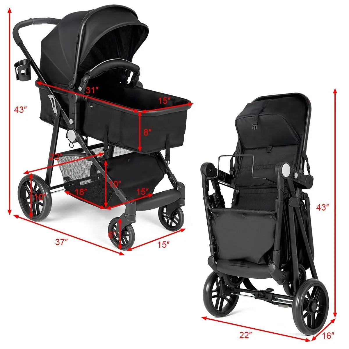 2 in 1 Baby Walker Pushchair Stroller Foldable