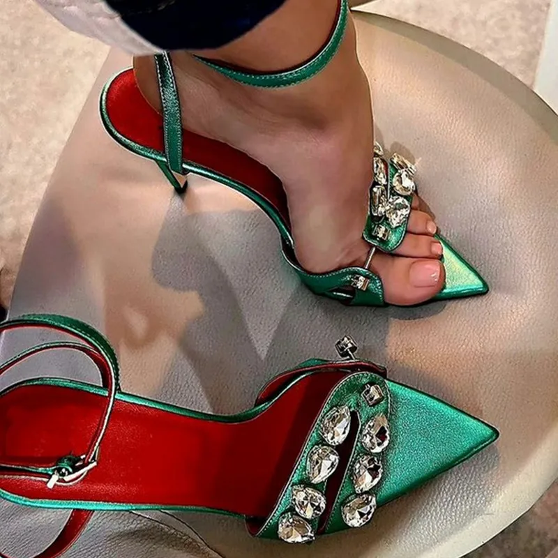 

Glitter Rhinestone Studs Nail Buckle Cross Sandals Peep Toe Green Fuchsia Leather Metal High Heels one strap Banquet Dress Shoes