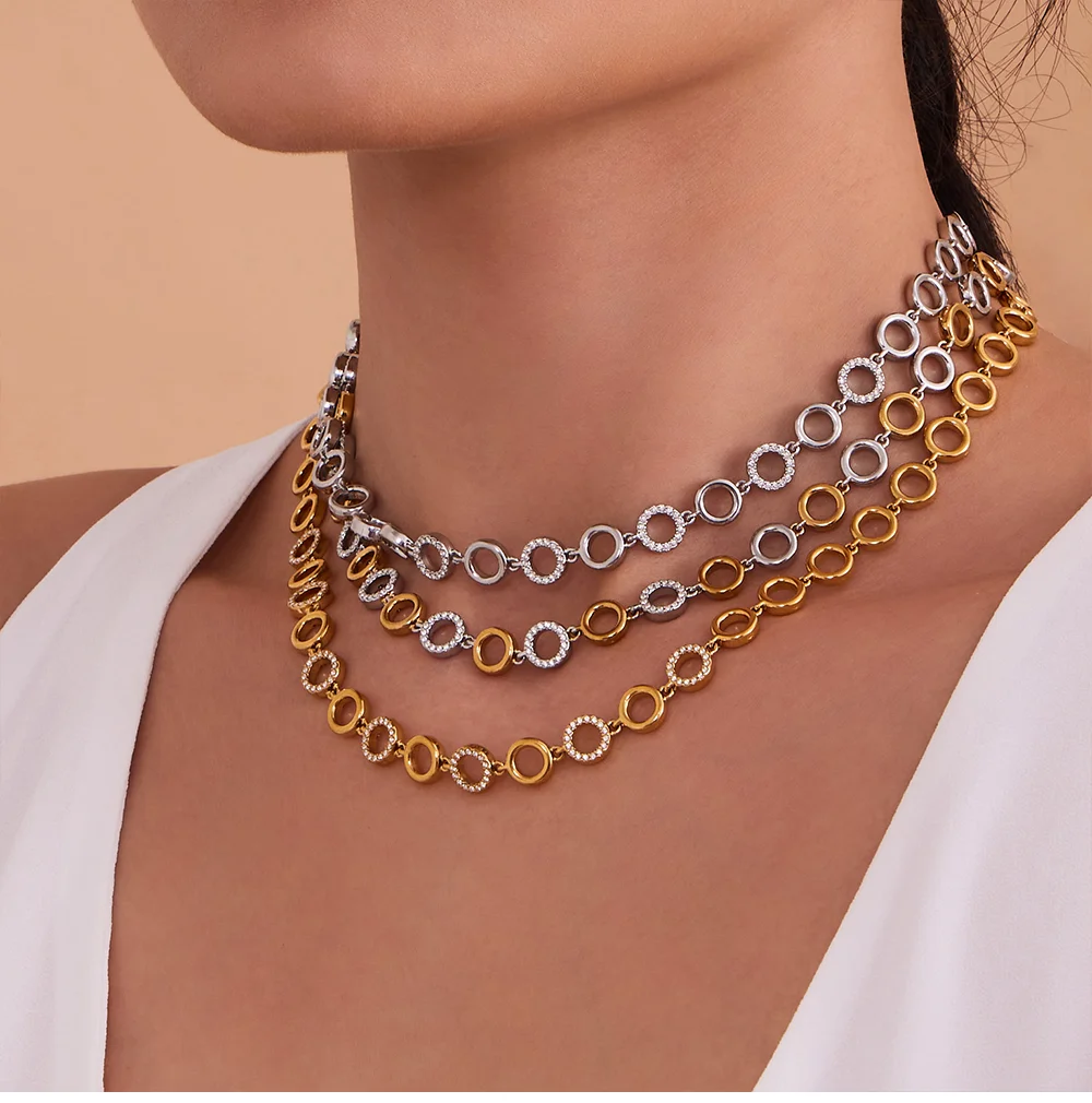 Goldfarbenes, silbernes, rundes Halsketten- und Armband-Set für Damen, Edelstahl 316, vergoldeter Halsketten-Halsband, wasserdichter Schmuck – Detail 6