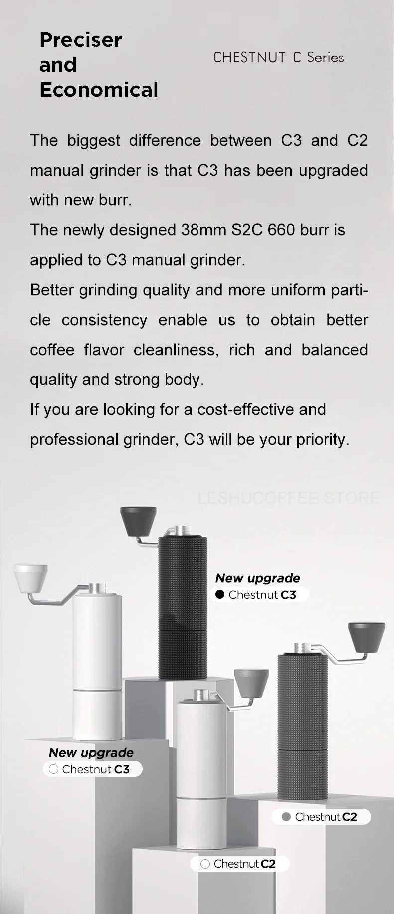 Description Picture 4 of itemTIMEMORE Chesut C3 Manual Coffee S2C Burr Inside High Quality Portable Hand Grinder With Double Bearing Positioning