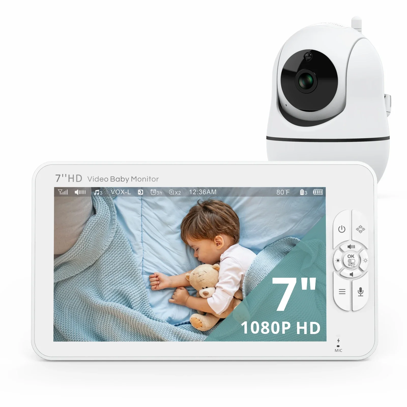 מסך תינוק Babystar 7 אינץ', תצוגת HD 1080P, IPS, תמיכה ב-2 מצלמות HDCams, חיי סוללה של 24 שעות, טווח של 1000 רגל, מצב פיצוץ, טלפון תינוק