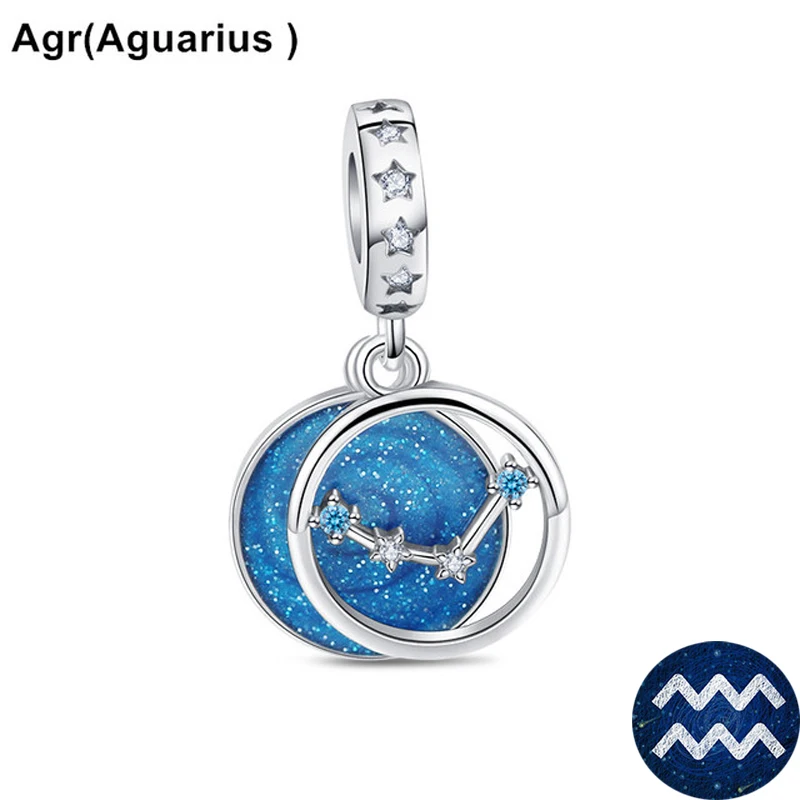 New Blue 925 Sterling Silver Zodiac Constellation Pendant Charm DIY Dangle Bead Fit Original Pendant Bracelet Charm Jewelry Gift 3