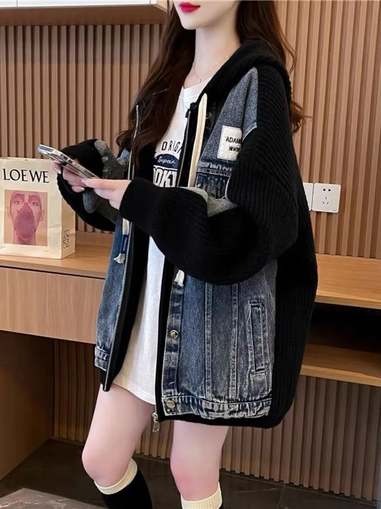 여성용 데님 패치워크 후드 스웨터, 한국 니트 재킷, 시크 저지 가디건, 루즈 의류, 아우터, 가을, 겨울, 2024 신상