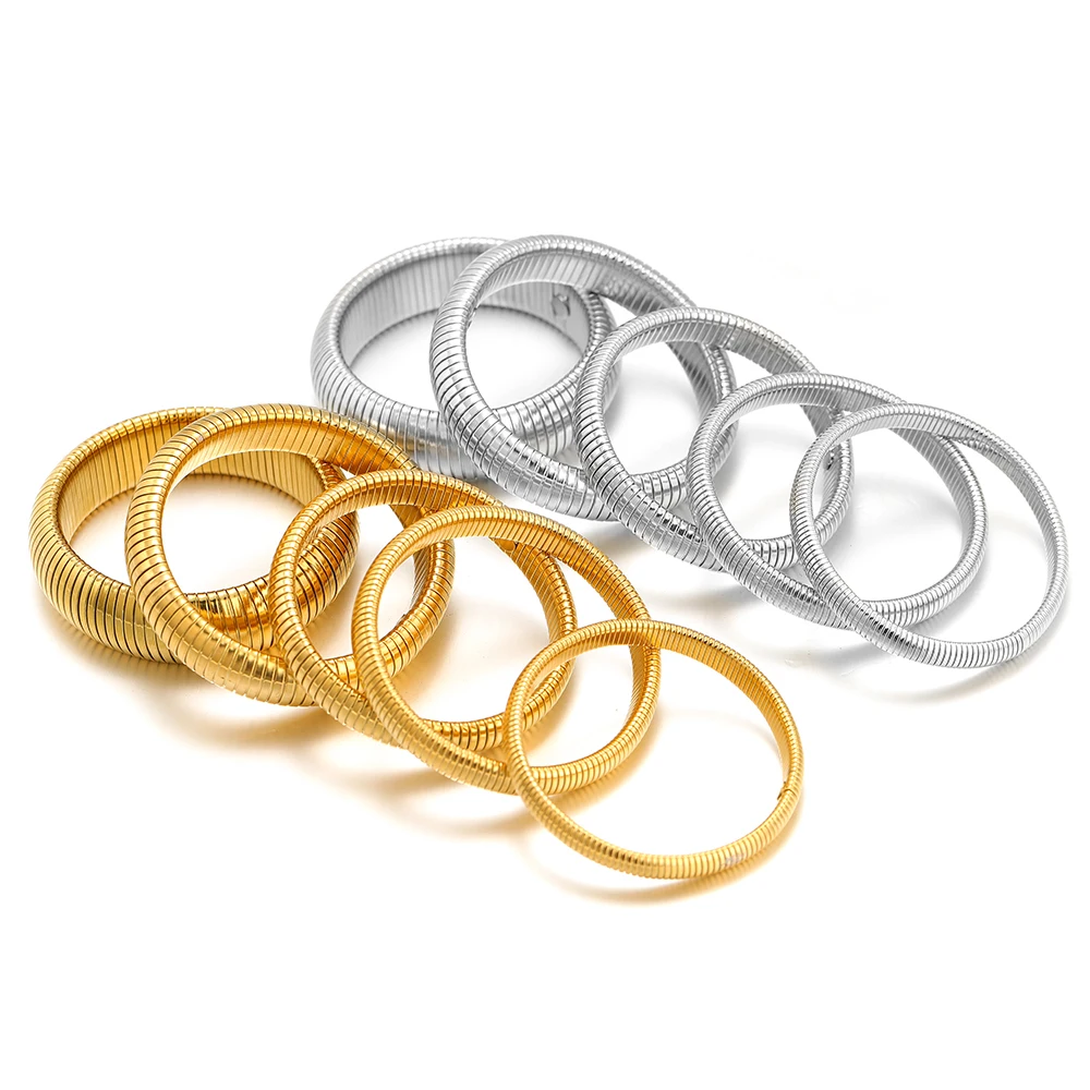 1pc 18k Gold Plated Stainless Steel Elasticity Polish Thick Bracelet Trendy Hip-Hop Metal Bangle Unisex Jewelry Gifts 60mm 3