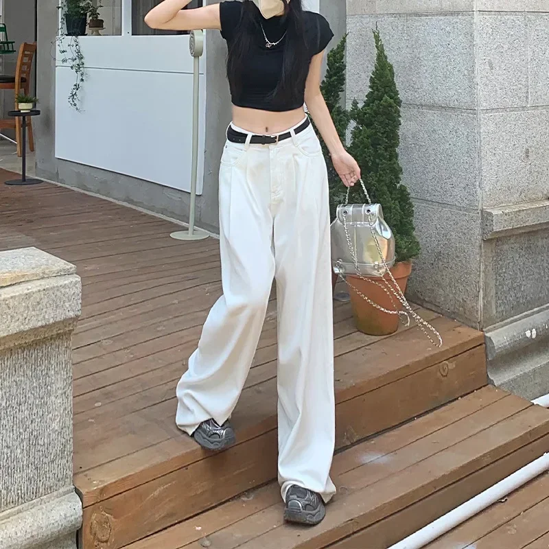 

Casual Pants Women High Waist Loose Straight Wide Leg Pants Baggy Pants Korean Style Plus Size Y2k Elegant Solid Cargo Pants