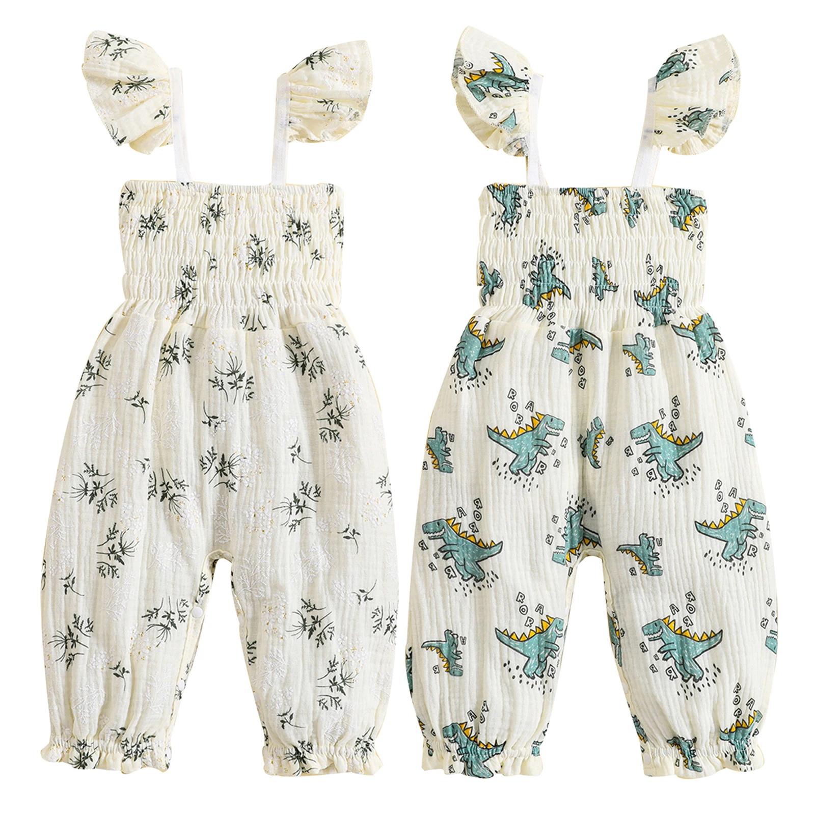 Baby Girls Overalls Summer Romper Floral/Dinosaur Print Jumpsuit Ruffle