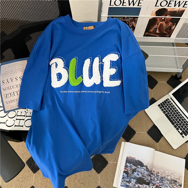 

Женские повседневные топы С Вышивкой Букв, однотонная свободная футболка в Корейском стиле Харадзюку, футболки оверсайз с коротким рукавом