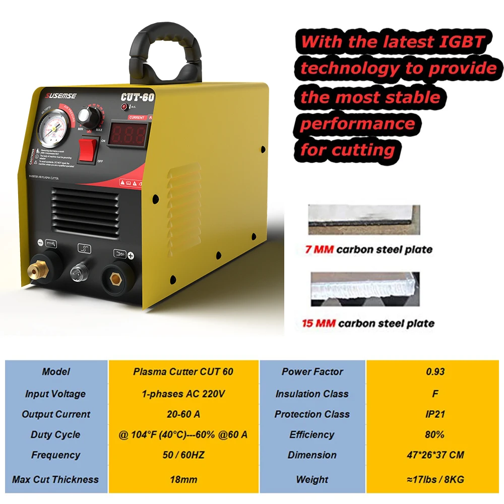 Susemse Plasma Cutter Cut60 HF Digital Control Plasma Metal Cutting Machine IGBT Max Cutting Thickness 2/3 inch（18mm） 60Amps 2