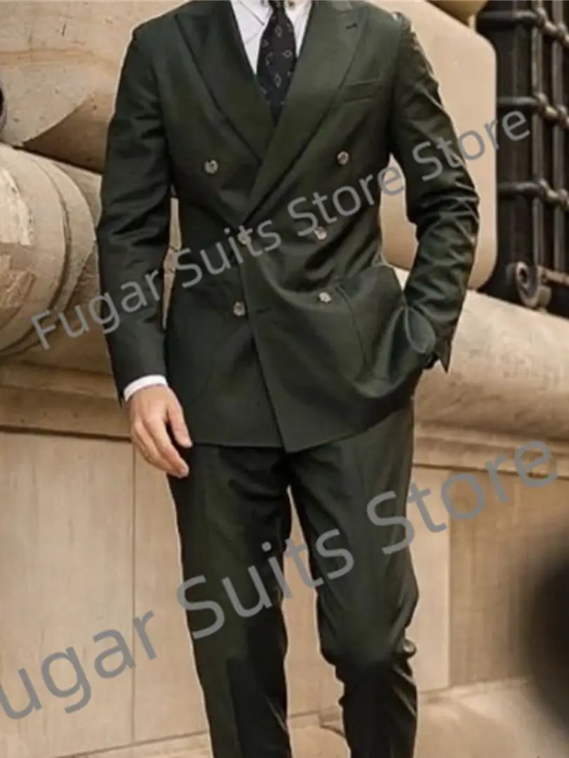 Tylish Green Suits For Men Double Breasted Slim Fit Custom 2 Piece(Jacket+Pants)Groomsmen Suit Formal Business Blazer Set