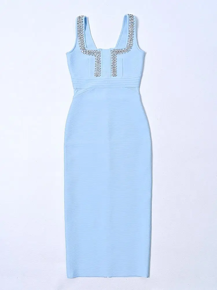 princess polly baby blue dress Fashion Photo of a Beautiful Young Woman in a Pretty Bandage Dress Posing  Over Blue Background. Stock Photo main image 0